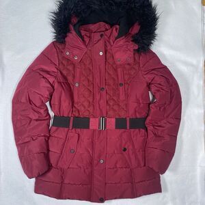 bebe Jacket Coat Womens Small Maroon Full Zip Belt Insulated Puff Fur Hood Parka